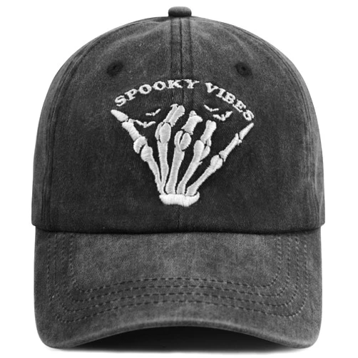 Dalqanth Funny Halloween Spooky Vibes Hat for Men Women, Adjustable Embroidered Skeleton Hand Baseball Cap
