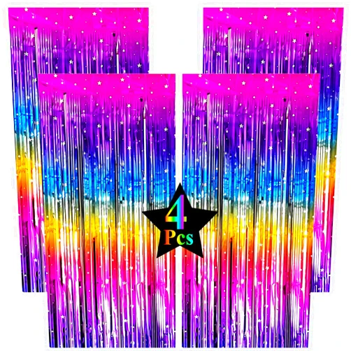GJZSHTT Pack of 4 Sparkly Neon Rainbow Foil Fringe Curtain Backdrop Metallic Streamers Photo Booth Props for Birthday Bachelorette Gay Pride Day Graduation Wedding 80s 90s Disco Party Decorations -3.3x6.6Ft