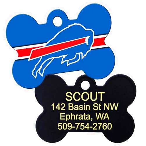 GoTags Personalized Buffalo Bills Dog Tag, Brass Metal Bone Shape Pet ID Tag Engraved with Name and Custom Text, Every NFL Football Team Pet Apparel (Large)
