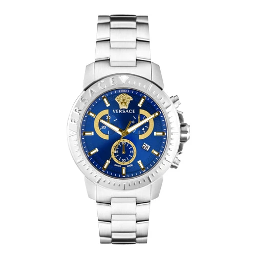 Versace New Chrono Collection Luxury Mens Watch Timepiece with a Silver Bracelet Featuring a Silver Case and Blue Dial