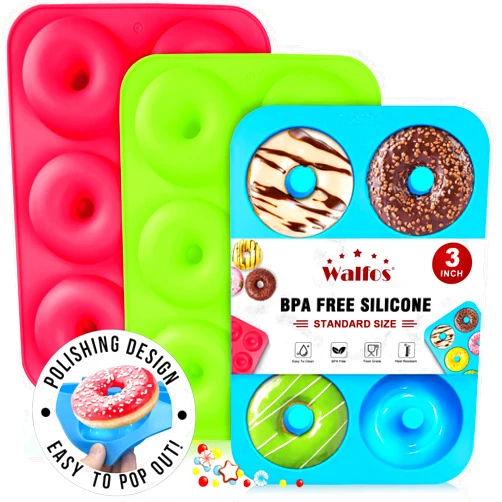 Walfos Silicone Donut Mold - Non-Stick Silicone Doughnut Pan Set, Just Pop Out! Heat Resistant, Make Perfect Donut Cake Biscuit Bagels, BPA FREE and Dishwasher Safe, Set of 3