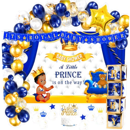 Fiesec 122 PCs Royal Prince Baby Shower Decorations for Boy, Fiesec A Little Prince Is On The Way Its Royal Baby Shower Backdrop Balloon Garland Banner Cake Cupcake Topper Crown Star Blue White Gold