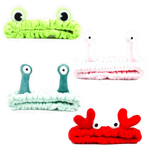 HIKIMA 4 Pack Face Wash Headband Facial Makeup Skincare Headbands, Elastic Coral Fleece Spa Hairband for Washing Face, Cartoon Fun Frog Snail Crab Hair Accessories