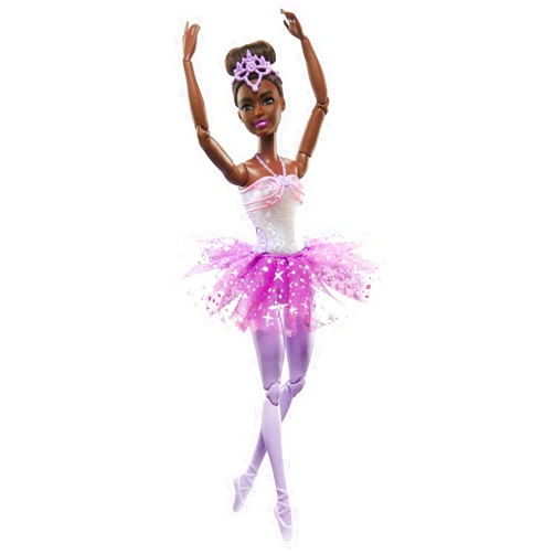 Barbie Dreamtopia Doll, Twinkle Lights Posable Ballerina with 5 Light-Up Shows, Sparkly Purple Tutu, Black Hair & Hair Accessory