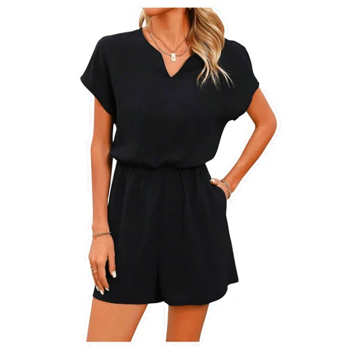 MakeMeChic Women's Notch Neck Short Sleeve Button Back Romper Casual Wide Leg Slant Pockets Jumpsuits