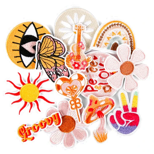 PEUTIER 13pcs Groovy Iron on Patches, Retro Hippie Sew on Chenille Patches Boho Peace Flower Decorative Embroidered Applique Patches for DIY Clothing Jeans Backpack Hat Jacket