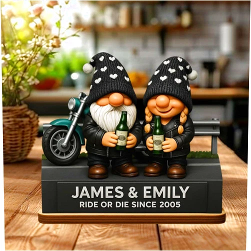 Daty Personalized Biker Couple Gnome Figurine Wooden Decor Valentine Gift for Husband and Wife, Romantic Anniversary Keepsake, Gift for Valentine