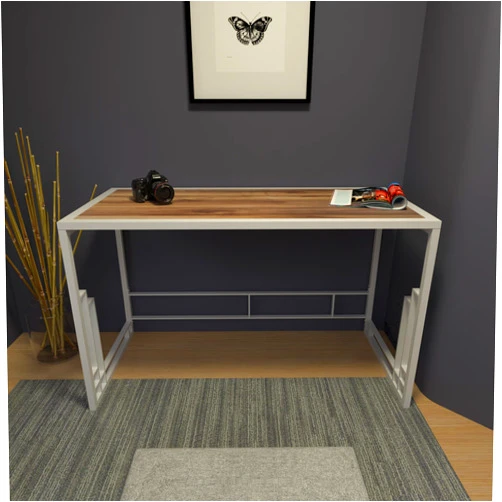CASAMUDO Modern Office & Home Desk, Industrial Stylish Furniture, Writing and Computer Desk with Metal Legs, Sturdy Writing Table with Sleek Design (Walnut/White Minimalist Metal)