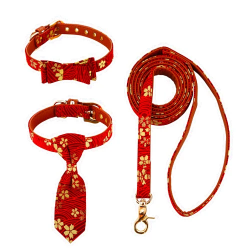 Icicecream cat Bowtie & tie Collar with Leash (4 pcs) Adjustable Cute Dog Detachable Collar with Bell for Puppy Cats (Small, Japanese Sakura Red)
