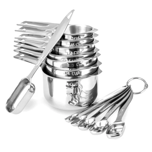 ALLWIN-HOUSEWARE W 13-piece Measuring Cups and Spoons Set, 18/8 Stainless Steel Heavy Duty Ergonomic Handle with Ring Connector, Silver