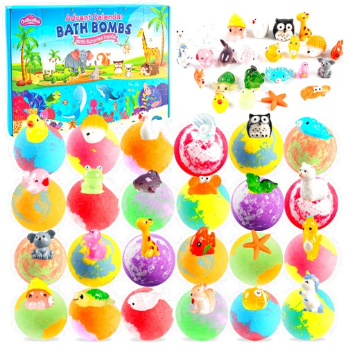 OuMuaMua Bath Bombs Advent Calendar 2024 with Surprise Toys Inside for Kids,Countdown Calendar Scented Bath Bombs with Land & Sea Animal Toys Spa Birthday Christmas Gift for Children Boys Girls