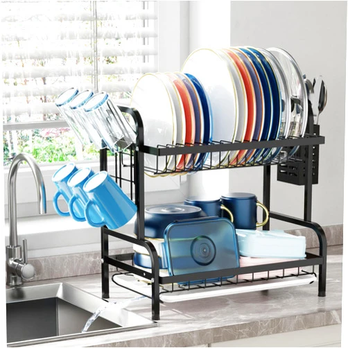 iSPECLE Dish Drying Rack - 2 Tier Dish Rack with Cup Holder, Dish Drainer with Automatic Drainage, Drainboard and Metal Utensil Holder Large Capacity for Small Kitchen Countertop Saving Space, Black