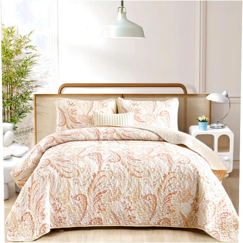 WONGS BEDDING Coral Quilt Queen Set,Boho Paisley Floral Pattern Bedspread Coverlet Set with 2 Pillowcases,Lightweight Microfiber Bohemian Quilt Bedding Set 96