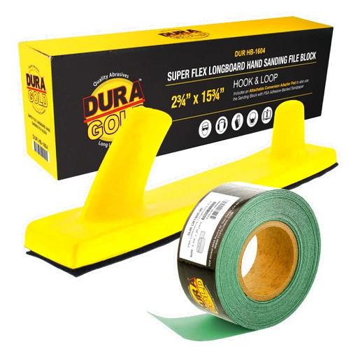 Dura-Gold Pro Series Super Flex Longboard Hand Sanding File Block with Both Hook & Loop Backing and PSA Adapter Pad & 1500 Grit Green Sandpaper Roll, 2-3/4