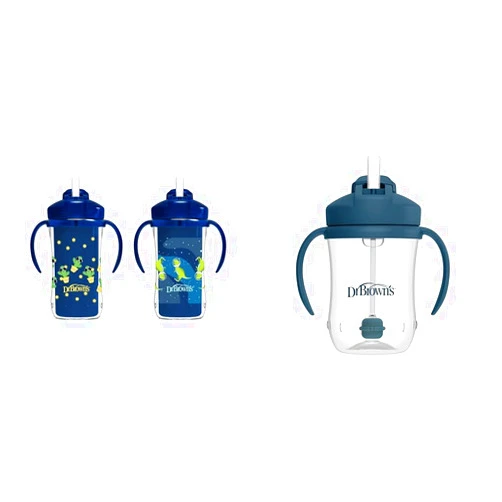 Dr. Brown's Milestones Insulated Sippy Cup with Straw and Handles - Blue - 10oz - 2-Pack - 12m+ & Milestones Baby’s First Straw Cup, Training Cup with Weighted Straw, Dark Blue, 6m+