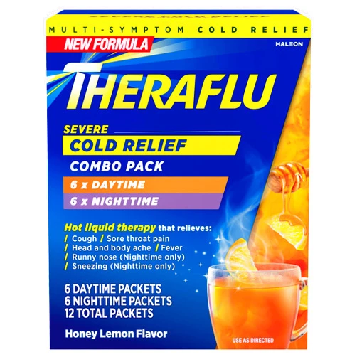 Theraflu Combo Daytime and Nighttime Severe Cold Relief Powder, Honey Lemon Flavor, 12 Count, 6 Daytime + 6 Nighttime