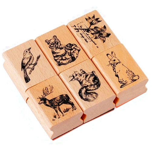 Tvoip 6Pcs Stylish Vintage Cute Animal Plant Wooden Rubber Stamps Scrapbooking Painting Cards Deer Panda Rabbit Flower Decor DIY Craft