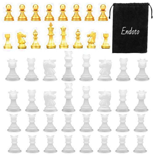 Endoto Resin Chess Pieces Mold Set, 16 Pieces Full Size 3D Silicone Chess Molds Kit for Epoxy Resin Casting, Family Party Board Games and Home Decoration