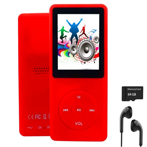 Imkavery 64GB MP3 Player with Speaker Earphones Portable Music Player for Kids Support Music/Picture/Video/Voice Recording/E-Book Red
