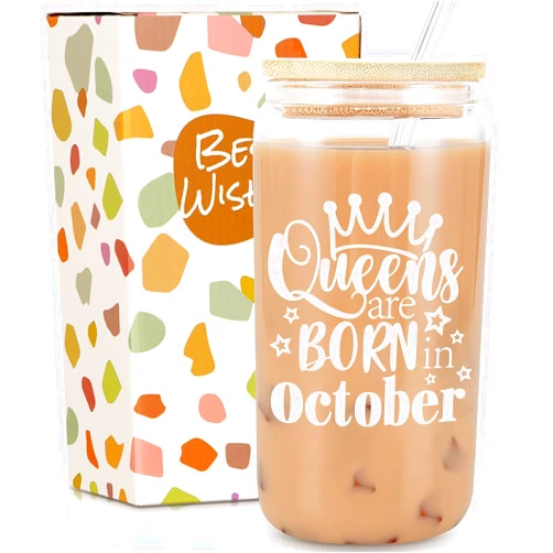 Frerdui Birthday Gifts for Women, Funny Happy Birthday Glass Cup Tumbler for her, Girlfriend, Friends, Wife, Mom, Bestie, Daughter, Sister, 18oz Clear Can Glass with Straw & Lid, Queens are Born in October