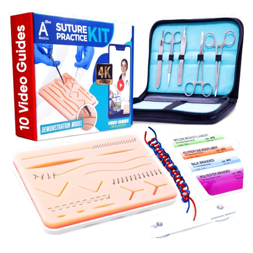 A PLUS MEDICS Complete Suture Practice Kit for Medical Students w/How-to Suture HD Video Course, Suture Training Manual & Carryall Case. All-in-One A Plus Medics kit incl. Suture Practice pad. (Education Use Only)