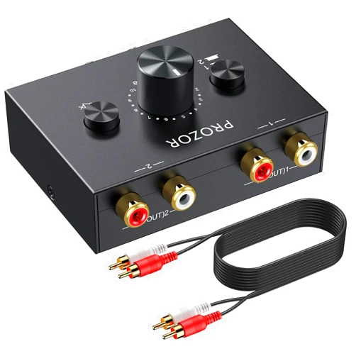 PROZOR RCA Stereo Audio Switcher - 2 in 1 Out R/L Stereo Audio Switch, 1 in 2 Out Stereo Audio Splitter with Mute Button and No External Power Required