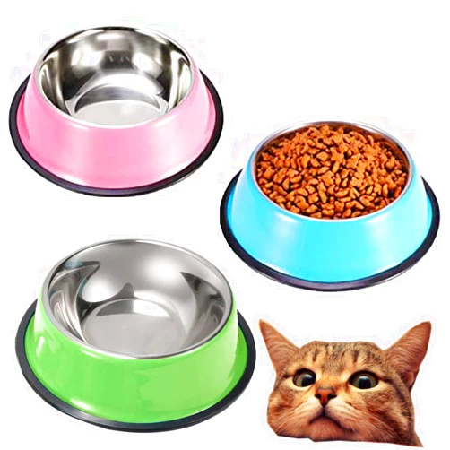YUDANSI Stainless Steel Cat Bowls 3 Pack, Puppy Small Dogs Bowls for Food and Water, Cat Dish Set for Wet Food or Kibbles, Multifunctional Pet Bowls, Colored Non Skid Anti Slip Feeding Plate