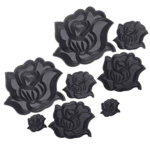 WILLBOND 8 Pieces Black Iron on Rose Flower Patches for Clothes Fabric Repair 4 Size Embroidered Sew on Flower Applique Patches for Jacket Jeans Clothes Hats Shoes Bags