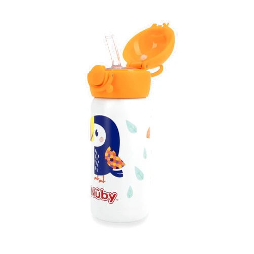 Nuby Thirsty Kids No Spill Flip-It Active Stainless Steel Travel Cup, 14 Oz, Toucan