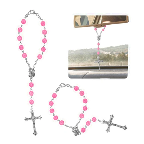Gliry 2PCS Pink Rosary Car Rearview Mirror Charms, Interior Pendant Decorations with Medal and Cross, Hanging Accessories for Women and Men (Pink)