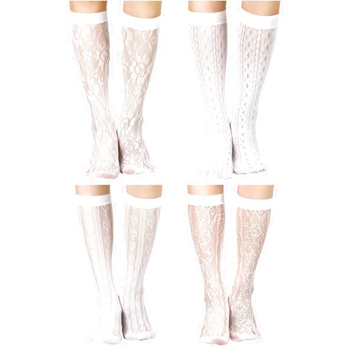 Geyoga 4 Pairs Women's Lace Socks Mesh Lace Loose Socks Decorated Ankle High Sheer Socks Sheer Mesh Slouch Socks for Women