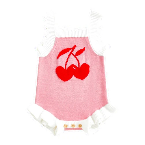 SYOKUP Baby Girl Knit Romper Summer Sleeveless Cherry Crochet Bodysuit One Piece Jumpsuit Infant Newborn Girls Overalls Outfit