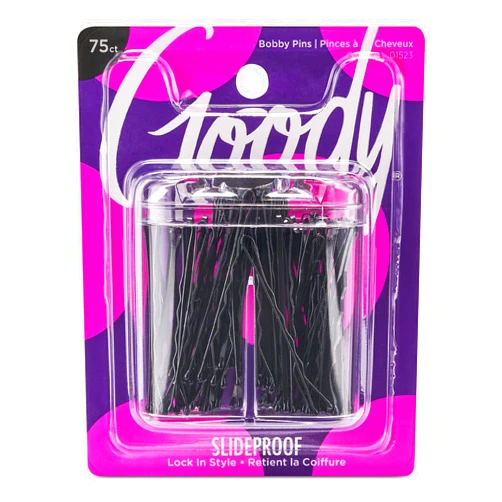 Goody SlideProof Bobby Pin Box with Magnetic Top - 75 Ct, Black Bobby Pins for Hair Styling, Lock In Style, Comfortable, Pain-Free Hair Accessories for Women & Men, All Hair Types