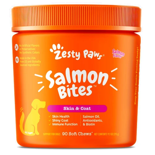 Zesty Paws Salmon Fish Oil Omega 3 for Dogs - with Wild Alaskan Salmon Oil - Anti Itch Skin & Coat + Allergy Support - Hip & Joint + Arthritis Dog Supplement + EPA & DHA - 90 Chew Treats - Salmon Flavor