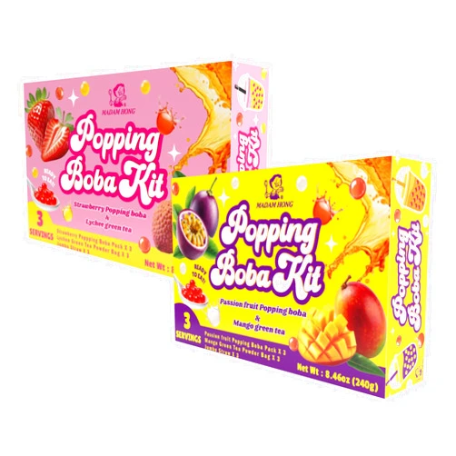Lady Boba Popping Bubble Tea Kit | Popping Boba Kit | Bursting Boba Kit | DIY Popping Boba Kit | Flavors: Strawberry + Lychee Green Tea or Passion Fruit + Mango Green Tea | 3 or 6 Servings