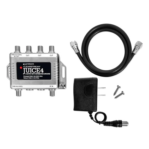 Antennas Direct ClearStream JUICE4 Distribution Amplifier, Output to 4 Televisions, CATV Systems, 4K 8K Ready – w/Power Supply, Coaxial Cable (Silver)