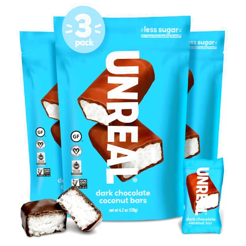 UNREAL Dark Chocolate Coconut Bars | 3g Sugar | Certified Vegan, Gluten Free, Fair Trade, Non-GMO | No Sugar Alcohols or Soy | 3 Bags