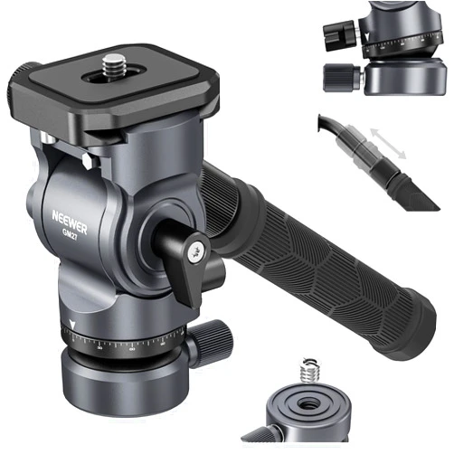 NEEWER Tripod Fluid Head with +/-10° Leveling Base (37mm Dia.), Metal Pan Tilt Head with Arca Type QR Plate, Telescopic Handle for Compact Video Camera DSLR Camera, Max Load 8.8lb/4kg, GM27, Grey