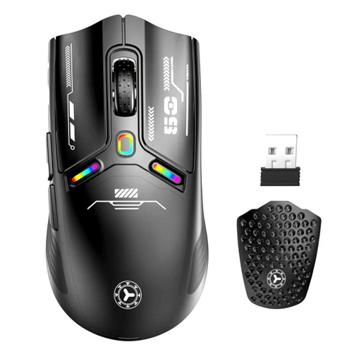 TENMOS M530 Wireless Gaming Mouse, 2.4G/Bluetooth/USB C Wired Rechargeable Mouse, 12000 DPI, RGB, 6 Programmable Buttons, Honeycomb Magnetic Cover, with Receiver Extender for Laptop/PC/Mac, Black