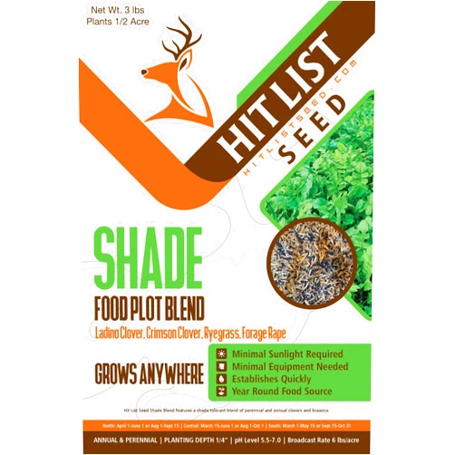 Hit List Seed Shade Blend Food Plot Mix, 3 lbs (1/2 Acre) - Germinates & Thrives in Low Sun Conditions - Clover, Forage Brassica, & Ryegrass - Hunting, Attractive to Deer and Elk, Annual & Perennial