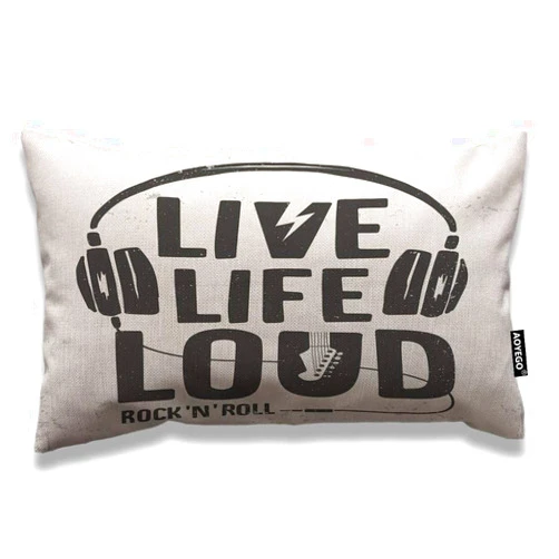 AOYEGO Music Throw Pillow Cover 12x20 Inch Rock N Roll Festival Live Life Loud Headphone Guitar Rectangle Pillow Cases Home Decorative Cotton Linen Cushion Cover for Bed Sofa Grey Black