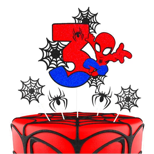 ZHIHUI 7 Pcs Cake Toppers, Cartoon Heroes Spider Pattern Birthday Cake Toppers, Personalised 3rd Birthday Cake Topper, Double Sided Glitter Cupcake Topper Birthday Party Decorations for Boys Children Kids