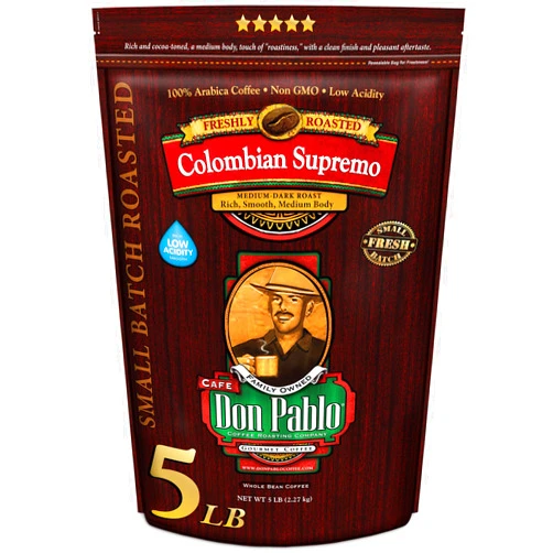 Cafe Don Pablo 5LB Don Pablo Colombian Supremo - Whole Bean Arabica Coffee - Medium-Dark Roast - Low Acidity - 5 Pound (5 lb) Bag