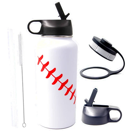 FMYWZS 32 oz Baseball Water Bottle, Wide Mouth Sports Flask Metal Travel Tumbler with 2 Lids 18/8 Stainless Steel Double Wall Vacuum Insulated (32oz, White baseball)