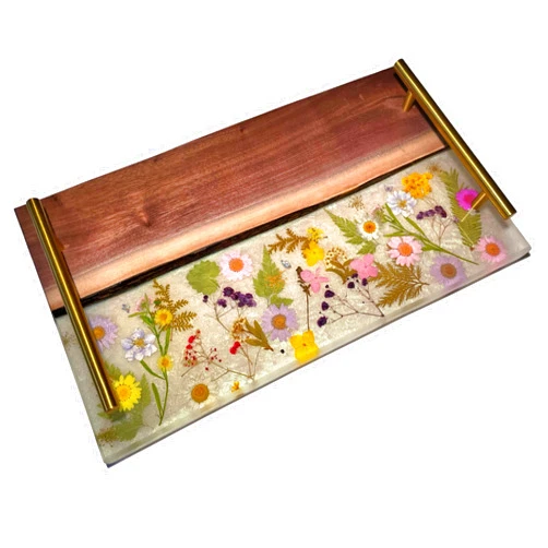 Generic Handmade Live Edge Black Walnut Charcuterie Board with Resin River - Floral Pink Purple