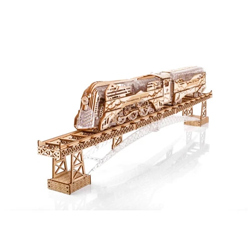 Viter Models Mechanical Veter Models Wooden and Plastic 3D Puzzle Thunderstorm Express (Train with a Tender) 3D Puzzle Self-Assembly Set (Train, Tender, Bridge, Rails (2 Meters))