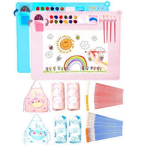 Lymoc 2 Pack Silicone Painting Mat,Silicone Art Mat kit [1x Apron,1 Pair Oversleeve,20 Pieces Brushes] Painting Station Craft Mats with Detachable Cup for Resin for Kids Gift,Painting, Clay