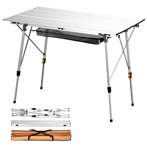 FiveJoy Folding Camping Table Outdoor Portable Picnic Camp Table with Aluminum Legs Adjustable Height Roll Up Table with Mesh Layer for Picnic Beach Grill Backyard Kitchen