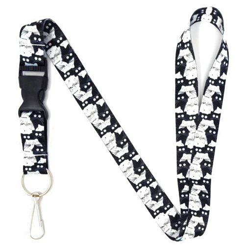 Vinylcation Cute Cat Print Lanyard Keychain and ID Holder with Detachable, Breakaway Buckle for Keys or Badge | Durable Black & White Polyester | Reversible Novelty Necklace