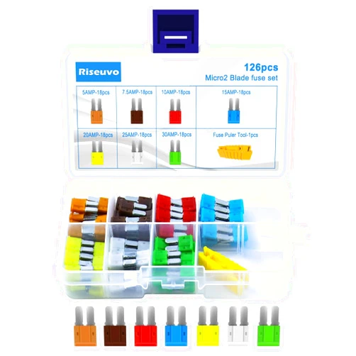 Riseuvo 126pcs Micro 2 Fuse Kit - Micro2 ATR Automotive Blade Fuses Assortment Kit for Car, Boat, RV, Truck, SUV Replacement with Fuse Puller (5A, 7.5A, 10A, 15A, 20A, 25A, 30A)